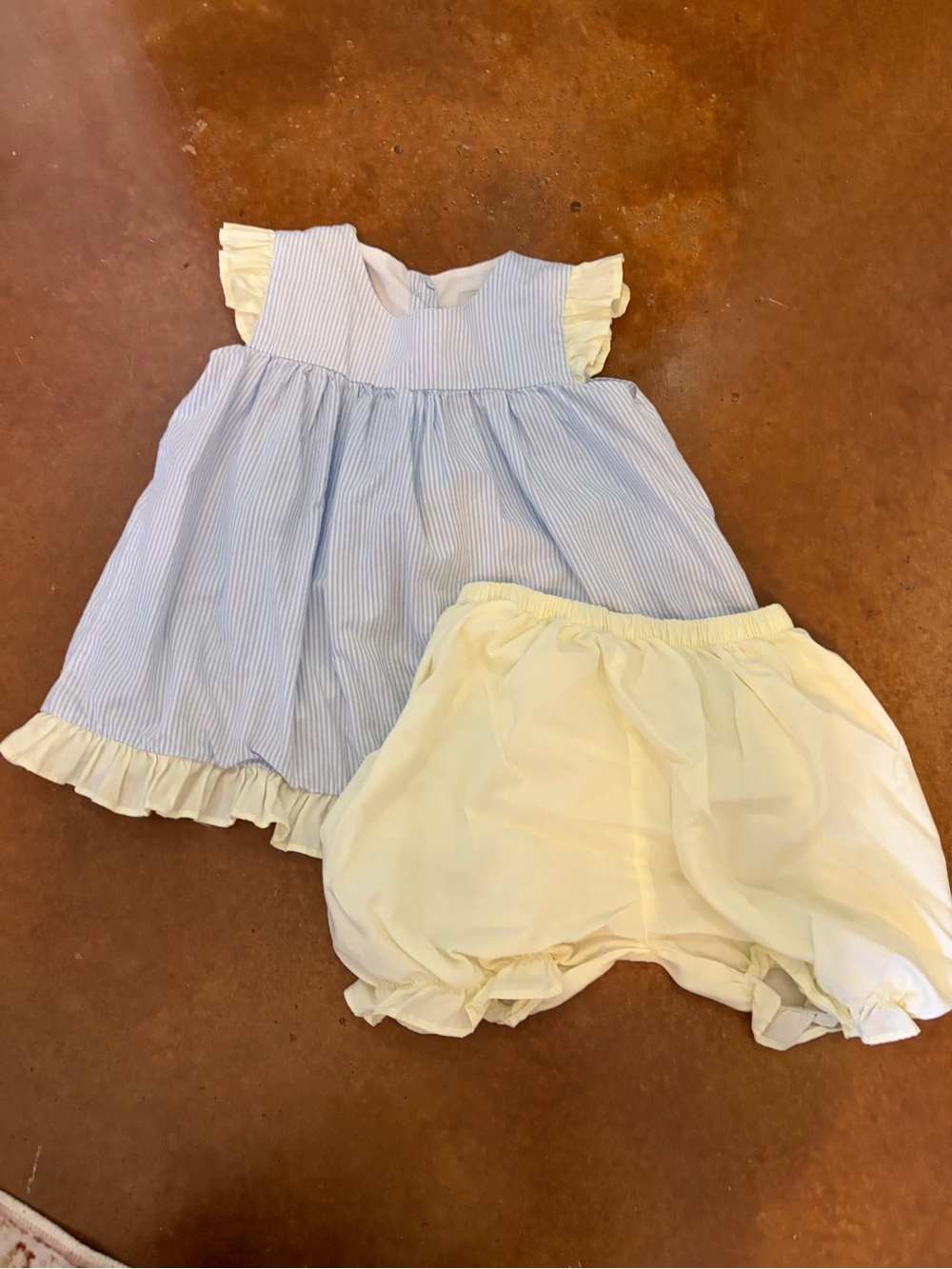 Baby Girl Blue Striped Dress with Cream Bloomers